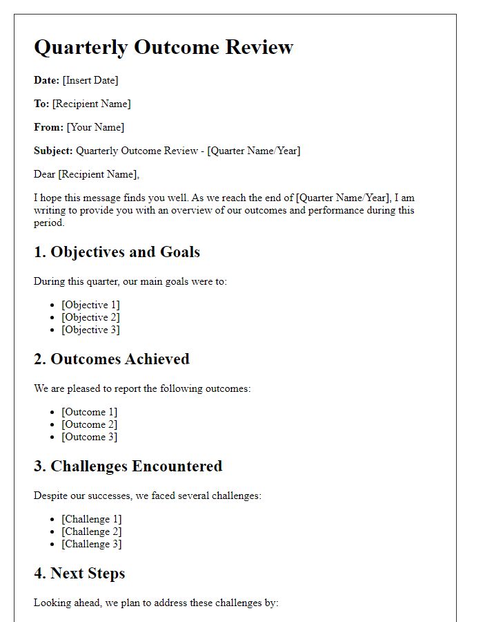 Letter template of quarterly outcome review