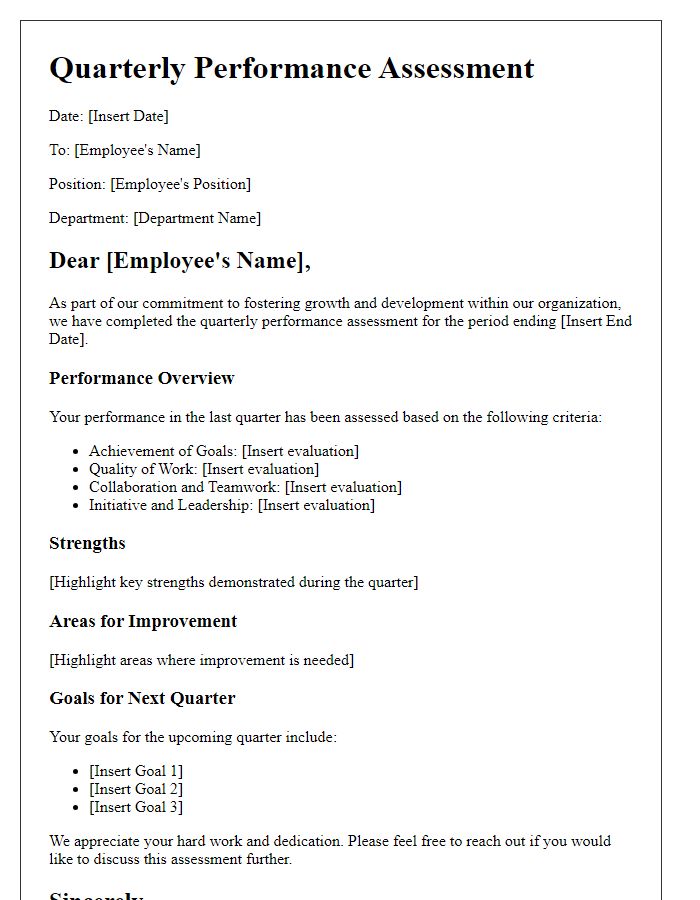 Letter template of quarterly performance assessment