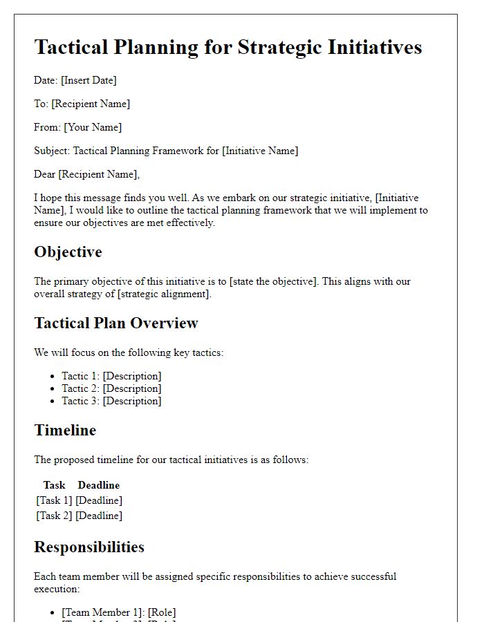 Letter template of tactical planning for strategic initiatives