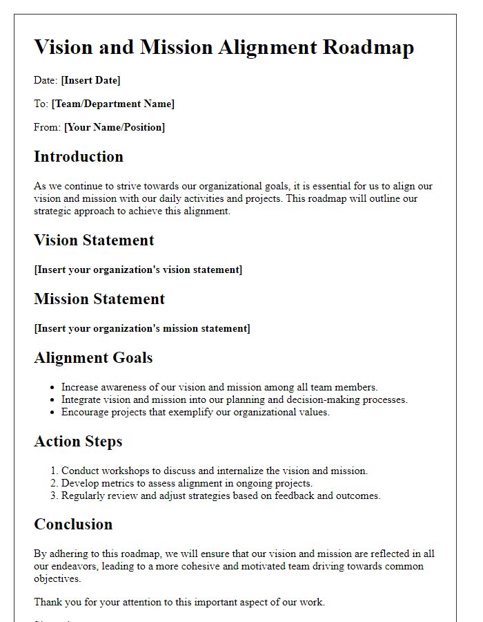 Letter template of vision and mission alignment roadmap