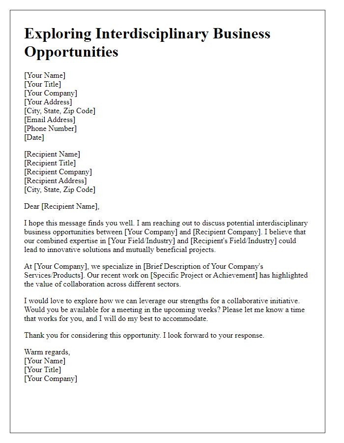 Letter template of exploring interdisciplinary business opportunities.