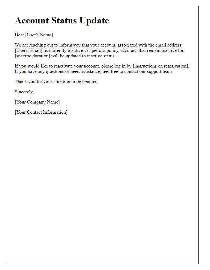 Letter template of Inactive Account Status Update