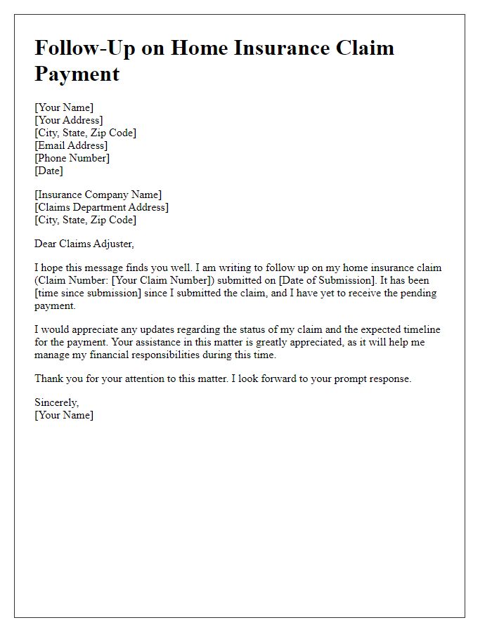 Letter template of home insurance claim follow-up on pending payment