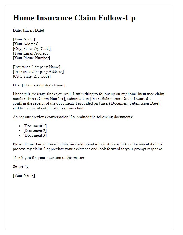 Letter template of home insurance claim follow-up regarding document submission