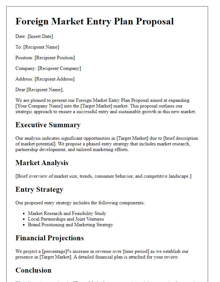 Letter template of foreign market entry plan proposal.