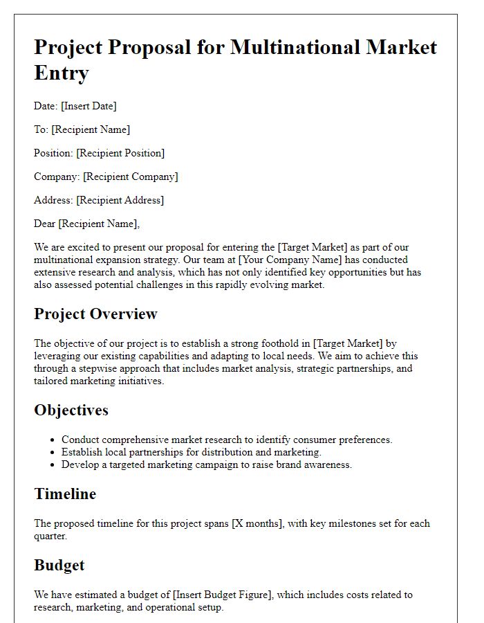 Letter template of multinational market entry project proposal.