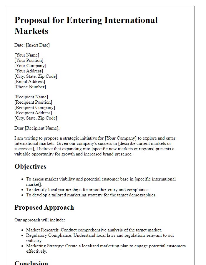 Letter template of proposal for entering international markets.