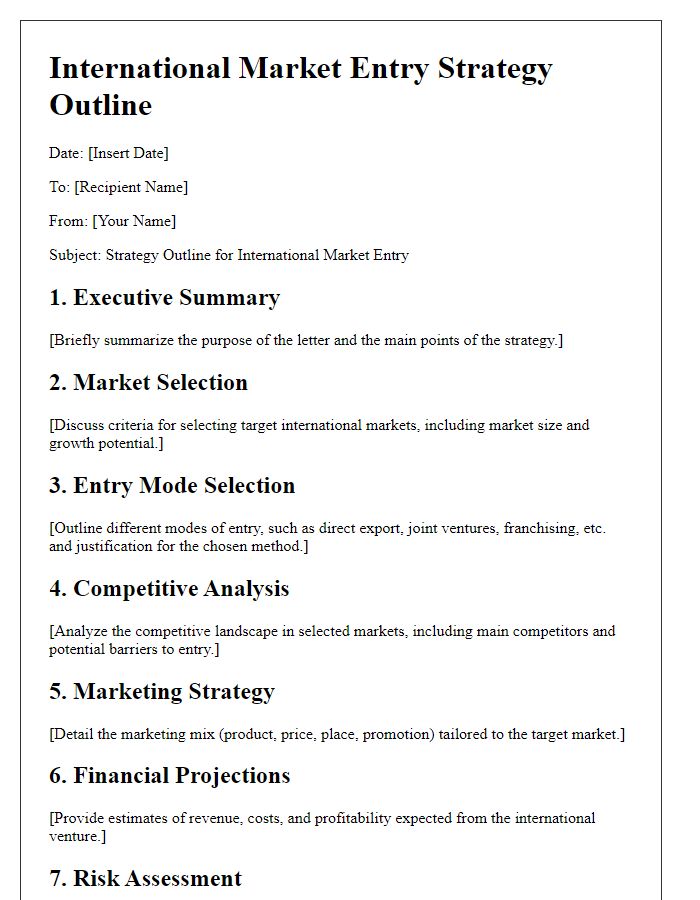 Letter template of strategy outline for entering international markets.