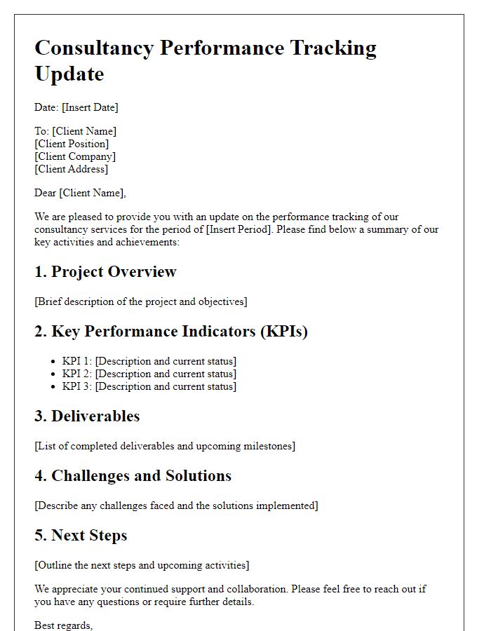 Letter template of consultancy performance tracking and updates