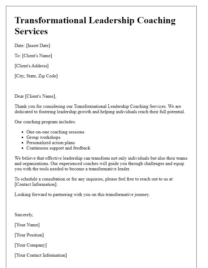 Letter template of Transformational Leadership Coaching Services