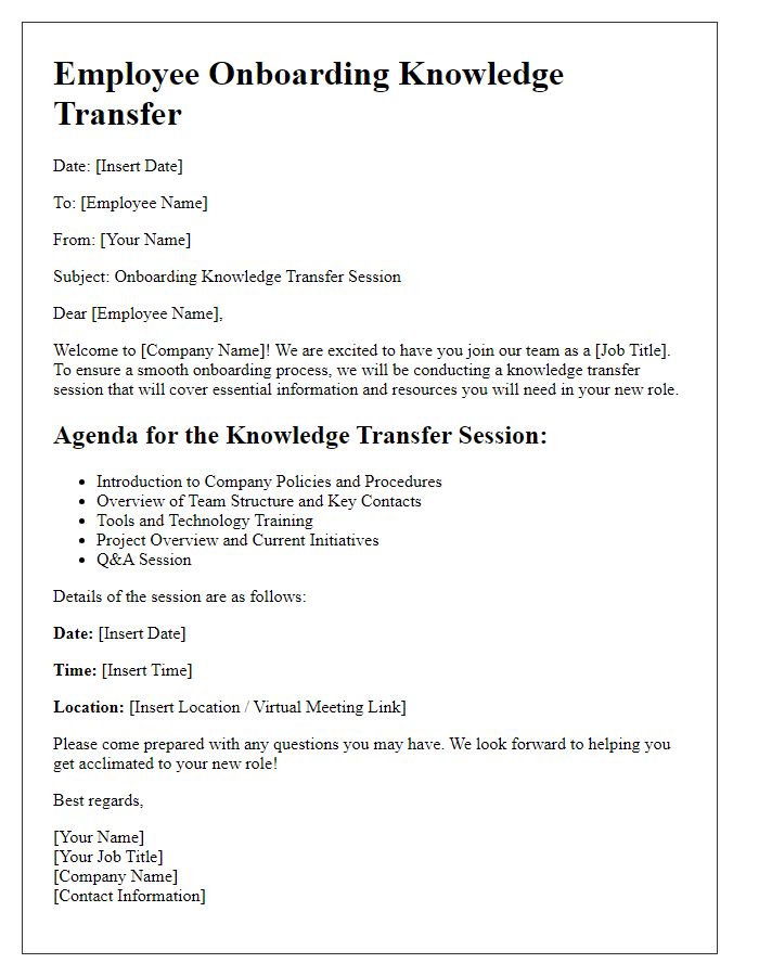 Letter template of employee onboarding knowledge transfer