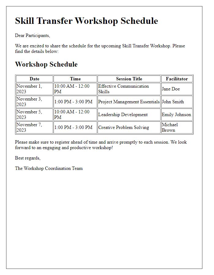 Letter template of skill transfer workshop schedule