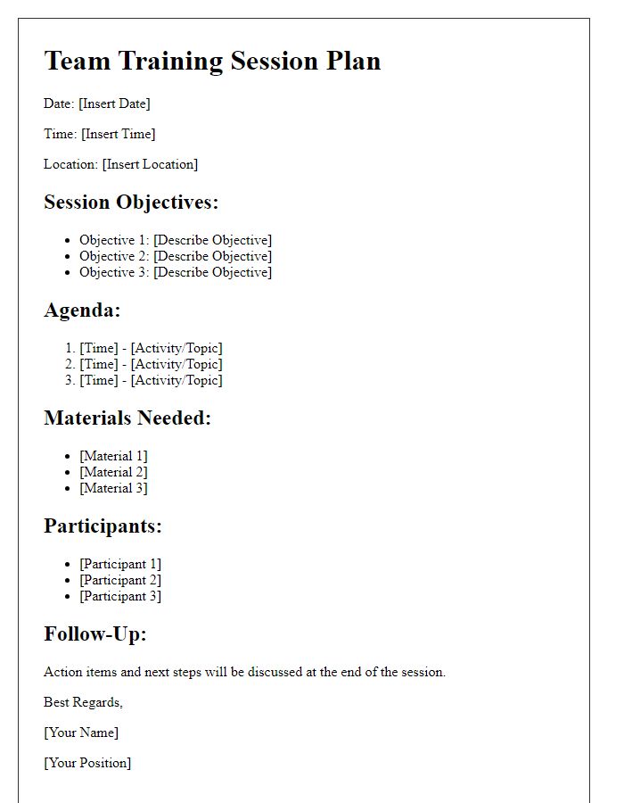 Letter template of team training session plan