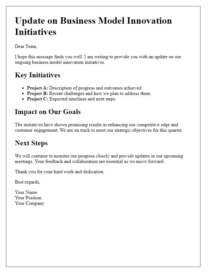 Letter template of update on business model innovation initiatives