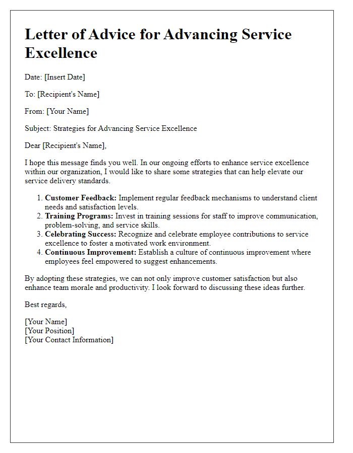 Letter template of advice for advancing service excellence