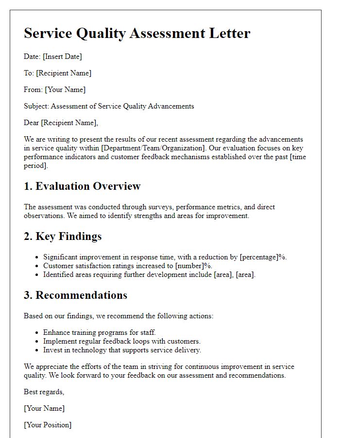 Letter template of assessments for service quality advancements