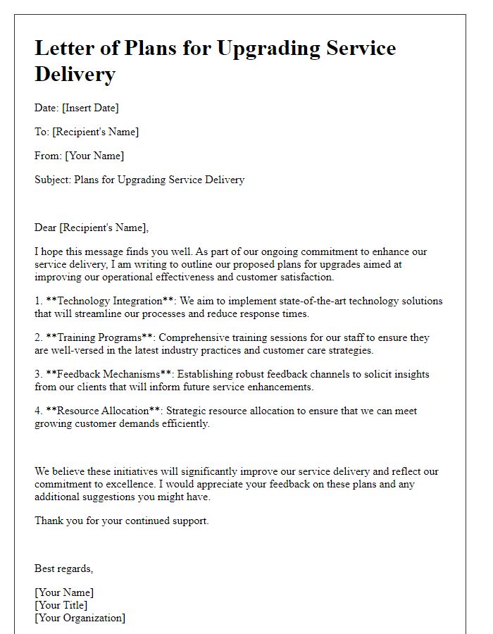 Letter template of plans for upgrading service delivery