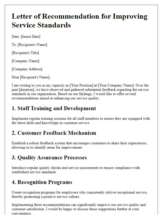 Letter template of recommendations for improving service standards