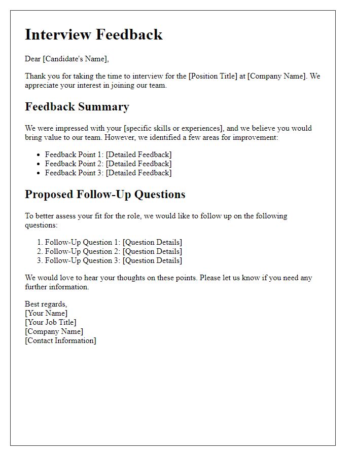 Letter template of interview feedback with proposed follow-up questions