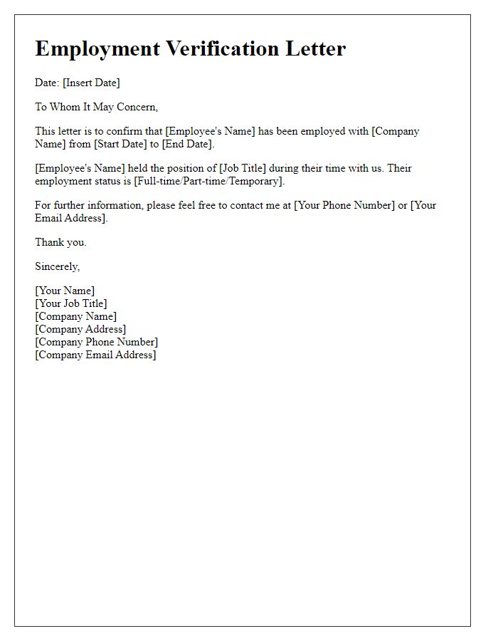 Letter template of employment verification for background check