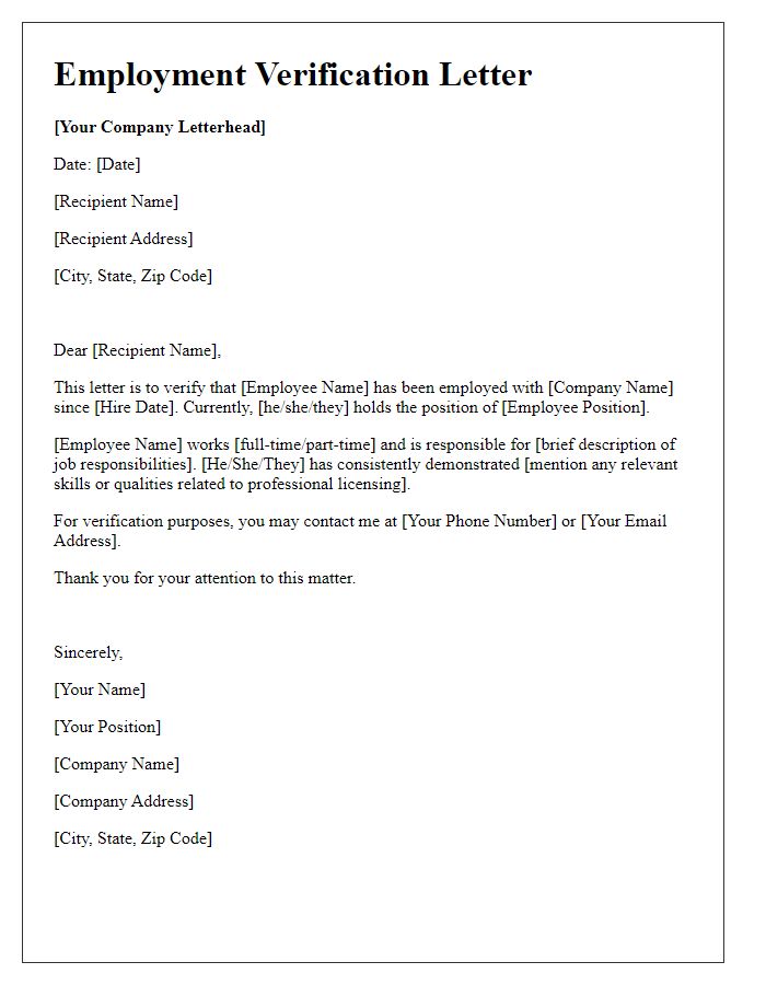 Letter template of employment verification for professional licensing