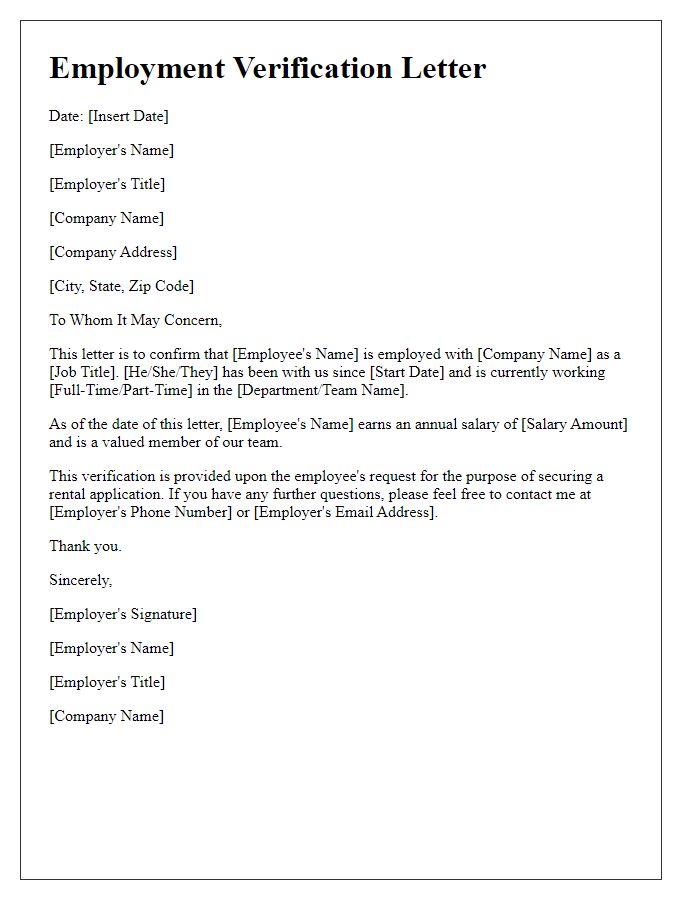 Letter template of employment verification for rental application