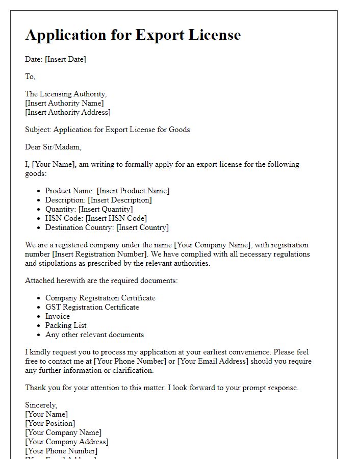 Letter template of application for export license for goods.