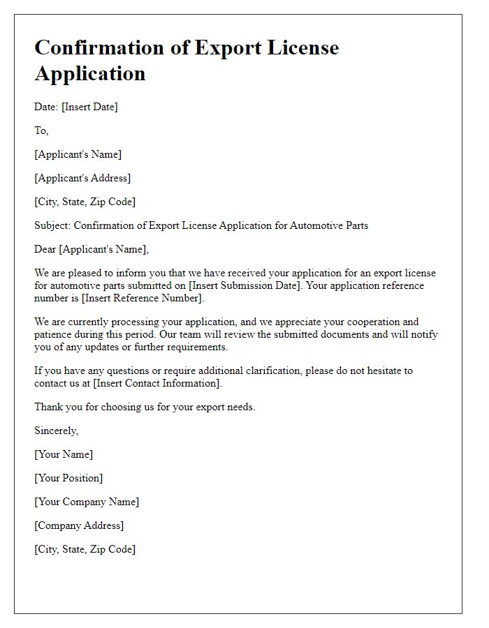 Letter template of confirmation for export license application for automotive parts.