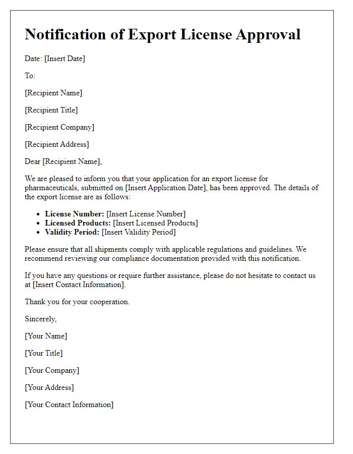 Letter template of notification for export license for pharmaceuticals.