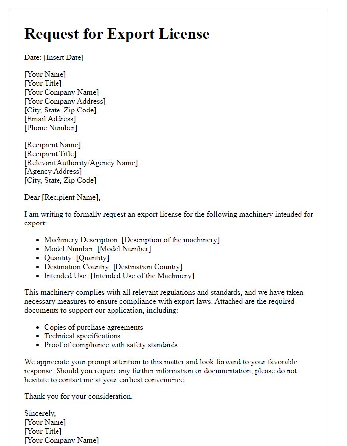 Letter template of request for export license for machinery.