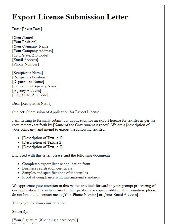 Letter template of submission for export license for textiles.