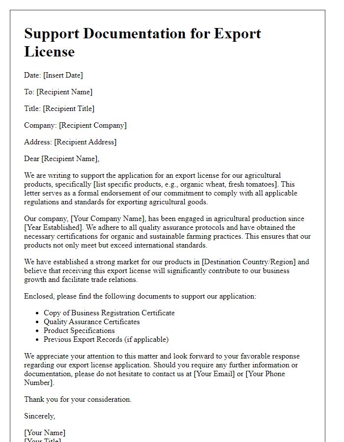 Letter template of support documentation for export license for agricultural products.