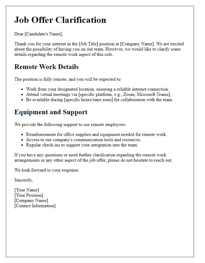 Letter template of Remote Work Job Offer Clarification