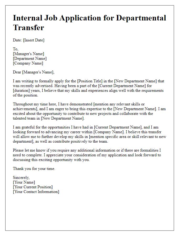 Letter template of internal job application for departmental transfer.