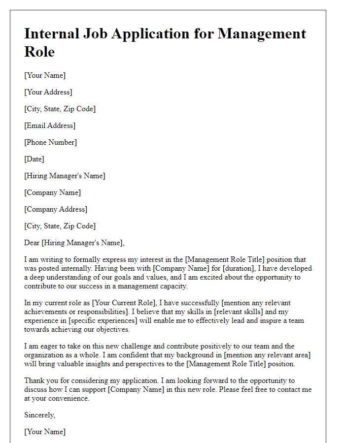 Letter template of internal job application for management role.