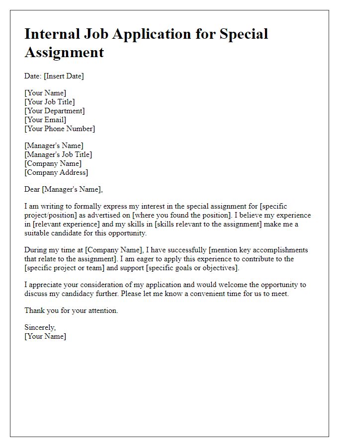 Letter template of internal job application for special assignment.