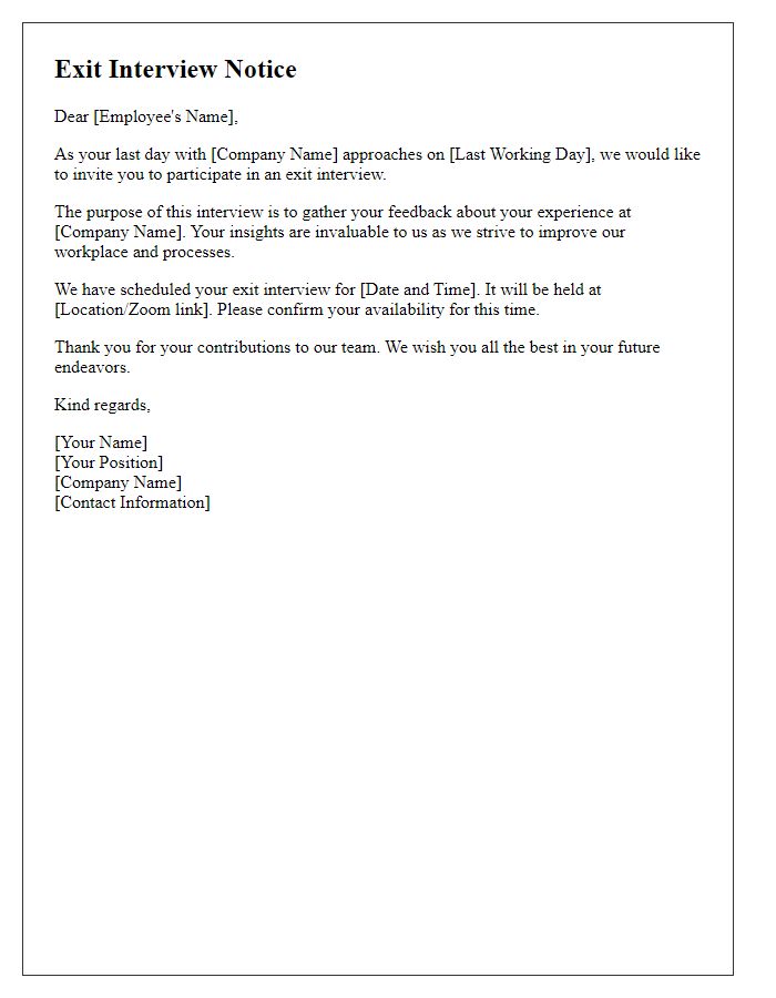 Letter template of exit interview notice for last day employees