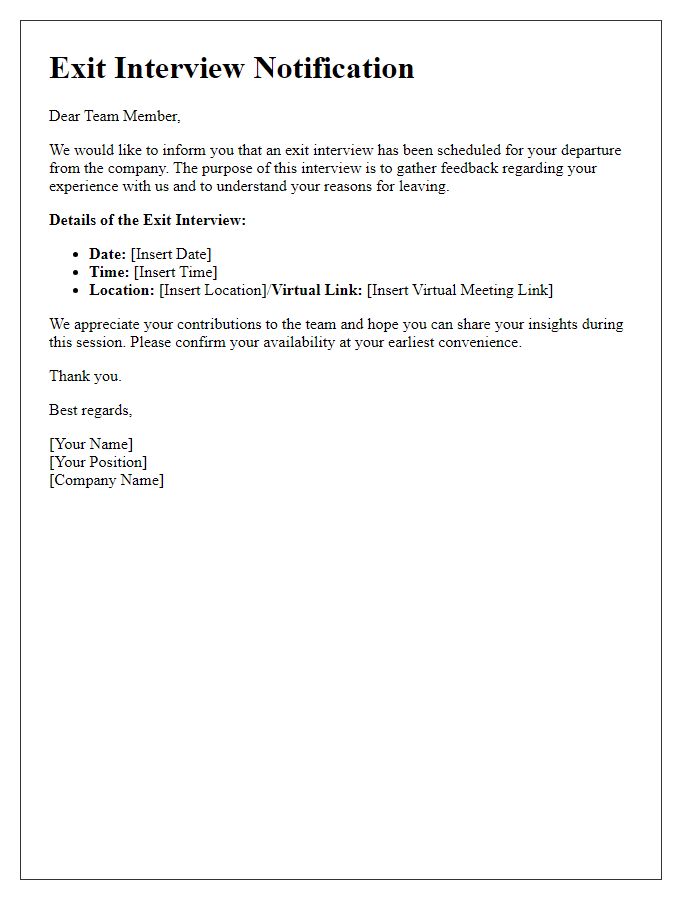 Letter template of exit interview notification for team members