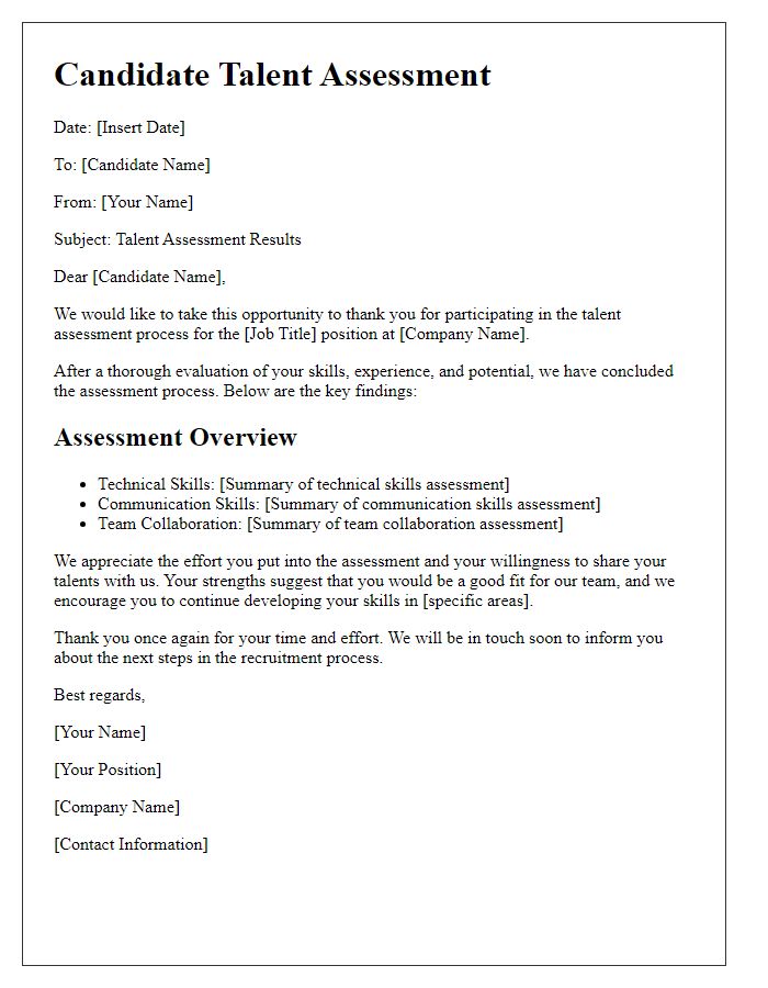 Letter template of candidate talent assessment