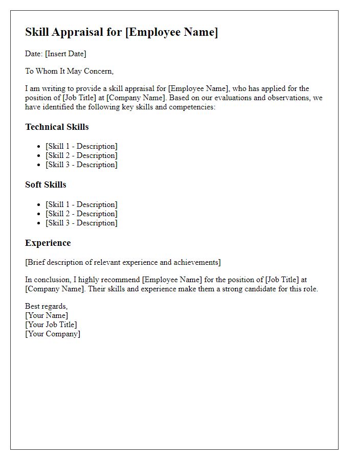 Letter template of prospective employee skill appraisal