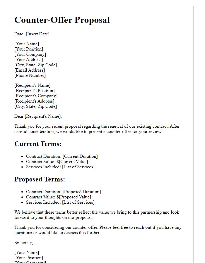 Letter template of counter-offer proposal for contract renewal