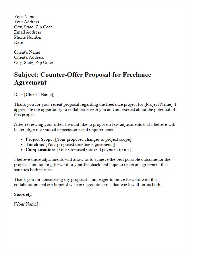 Letter template of counter-offer proposal for freelance agreement