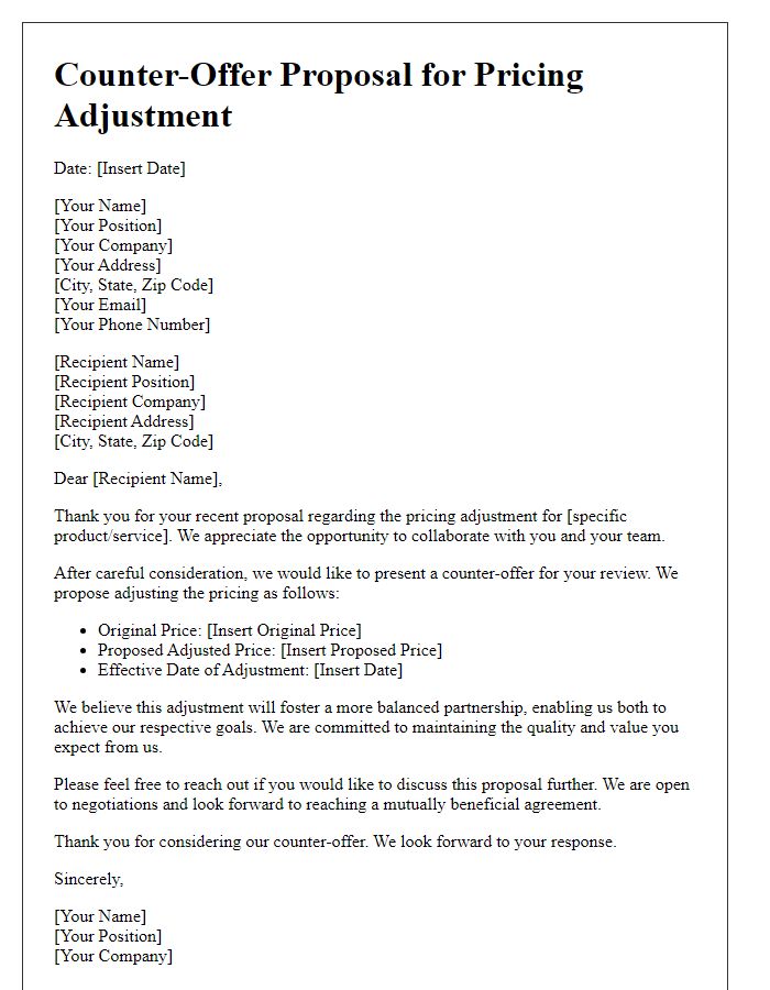 Letter template of counter-offer proposal for pricing adjustment