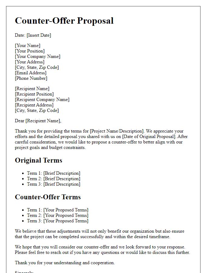 Letter template of counter-offer proposal for project terms