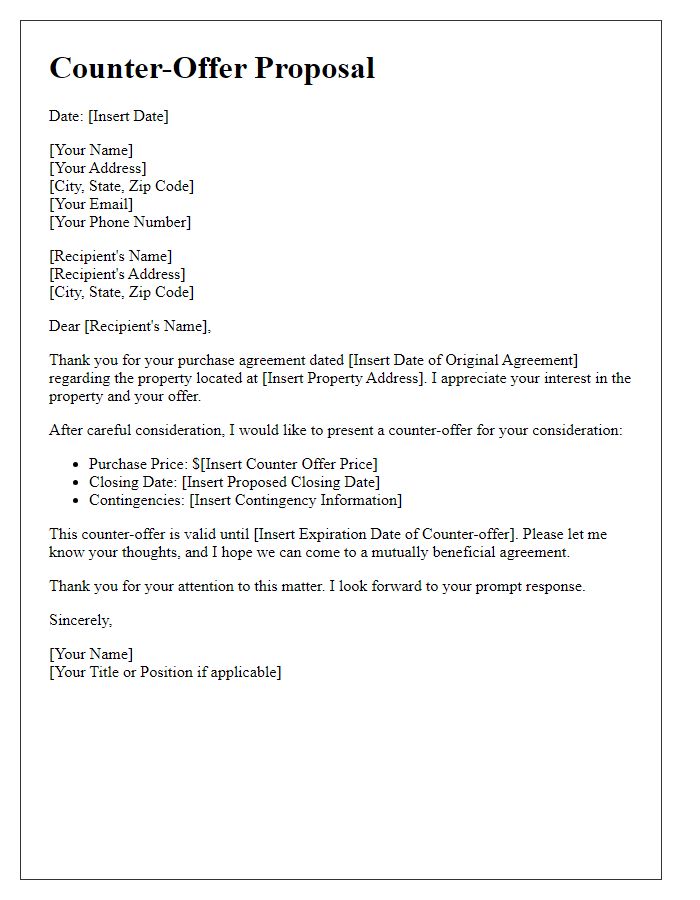 Letter template of counter-offer proposal for purchase agreement