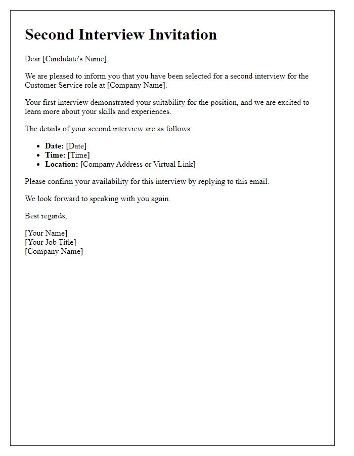 Letter template of second interview invitation for a customer service role