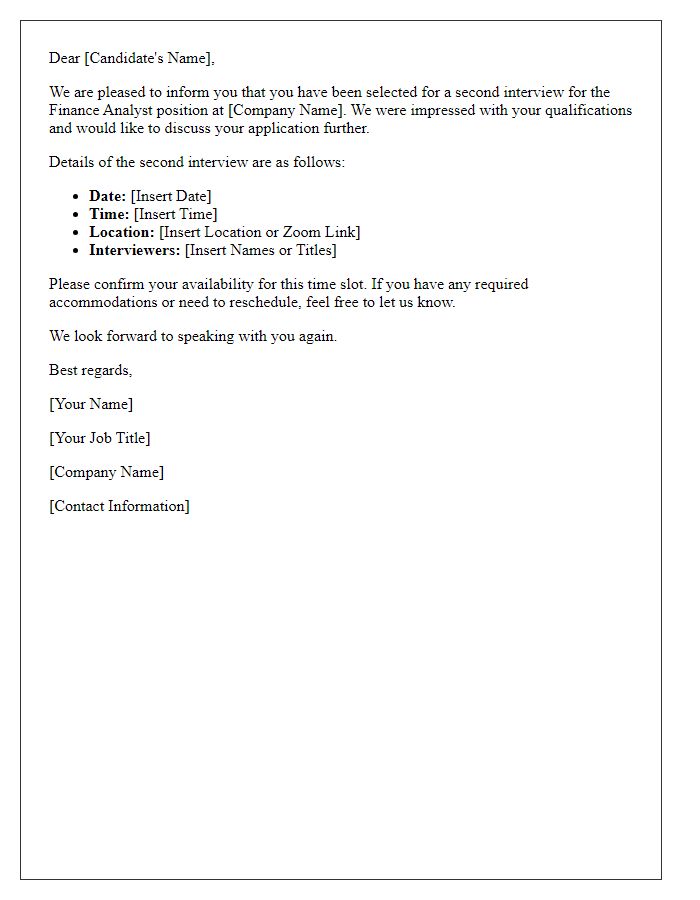 Letter template of second interview invitation for a finance analyst position