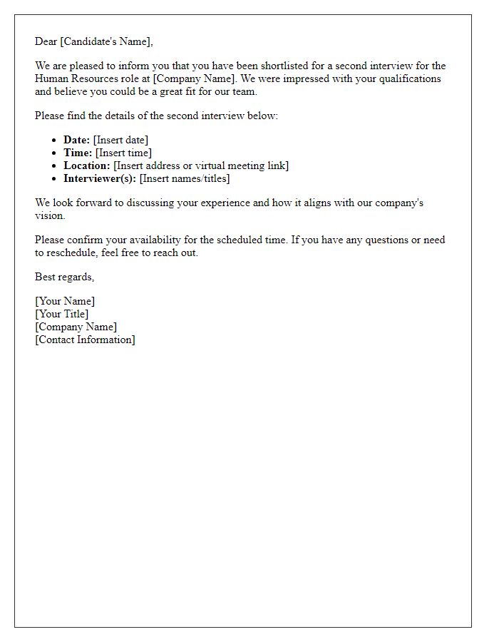 Letter template of second interview invitation for a human resources role