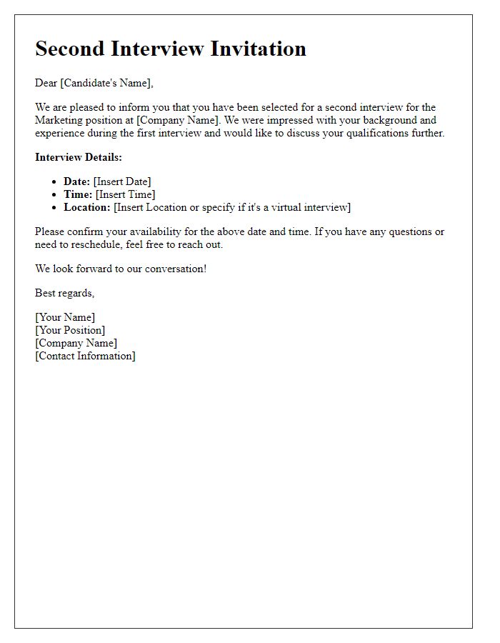 Letter template of second interview invitation for a marketing position