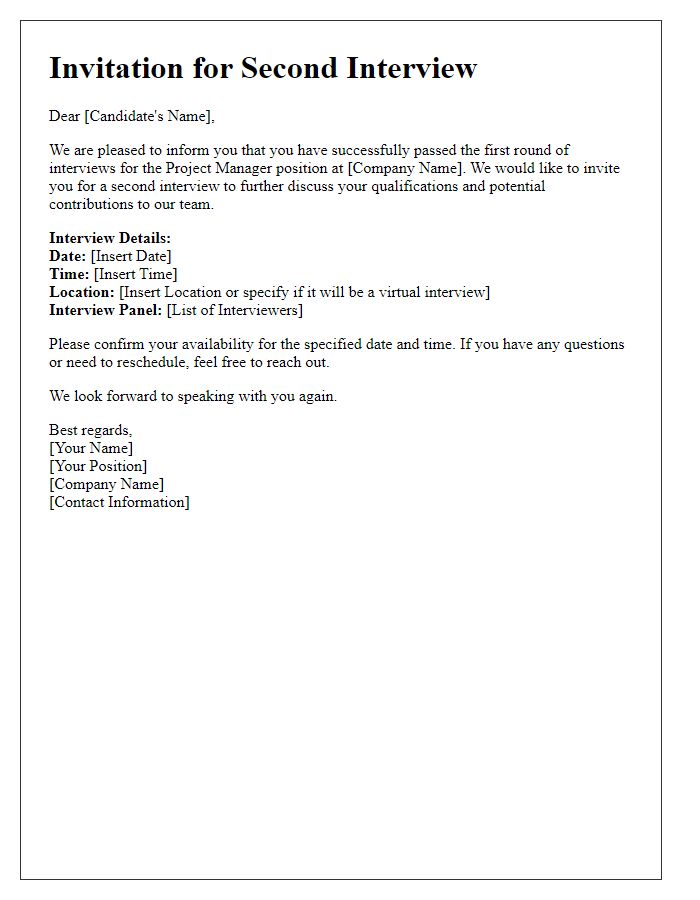 Letter template of second interview invitation for a project manager interview